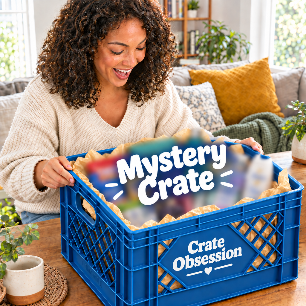 A woman smiling as she opens a crate labeled Mystery Crate from Crateobsession filled with Mystery items that are blurry so its a Mystery. The items are curated gift assortment, including bath towels, toiletries, a candle, and packaged items, in a bright living room setting